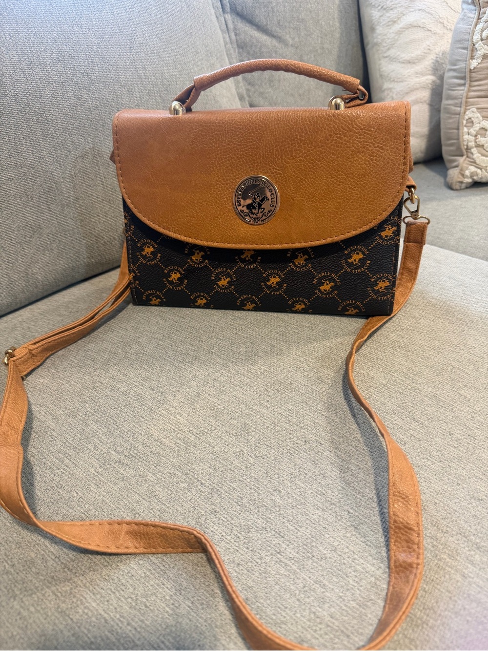 Beverly Hills Polo Club Brown Logo Pattern Top-Handle Crossbody Bag